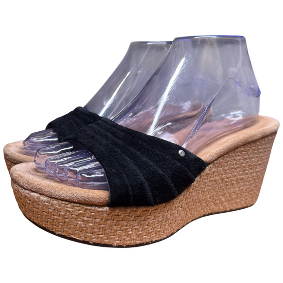 UGG Shoes - UGG Alvina Women's 7 Black Leather Suede Beige Wedge Heel Slip On Sandal Comfort